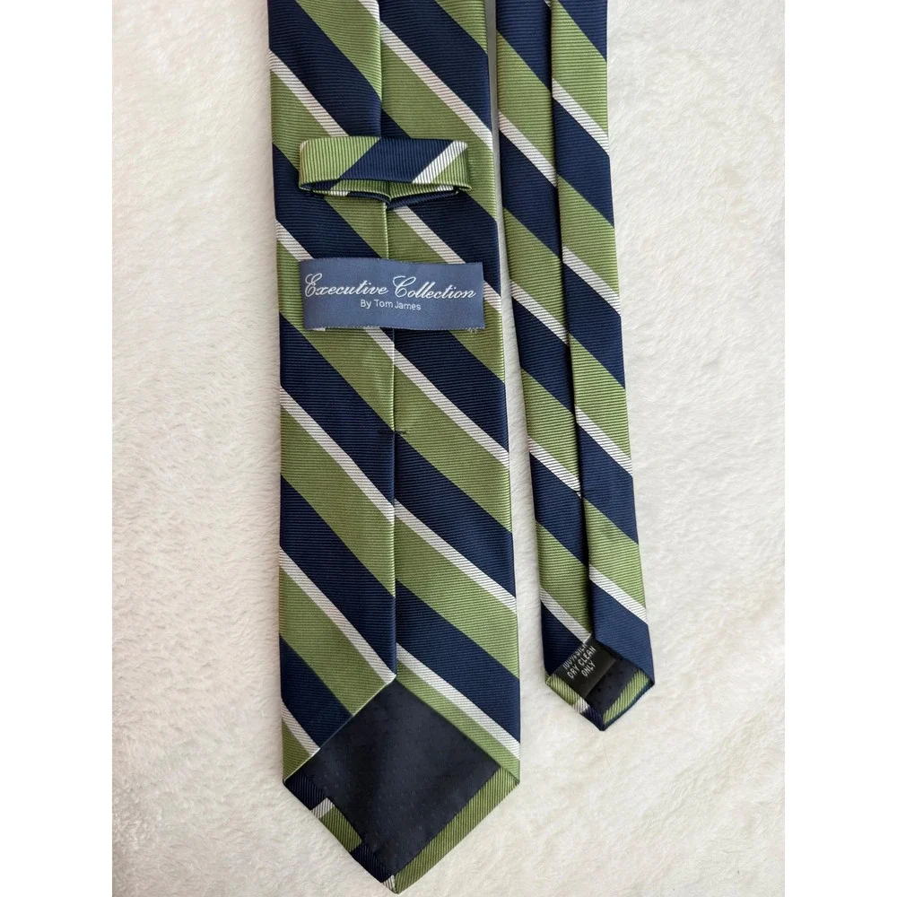 Tom James Executive Collection Silk Tie Navy Blue Olive Green Striped Mens
